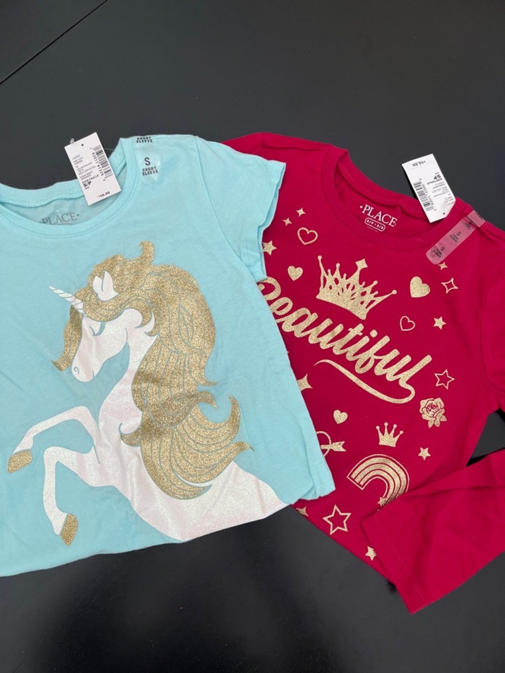 2pc Girls Unicorn & 'Beautiful' Graphic Tee Set - Aqua & Red with Gold Glitter